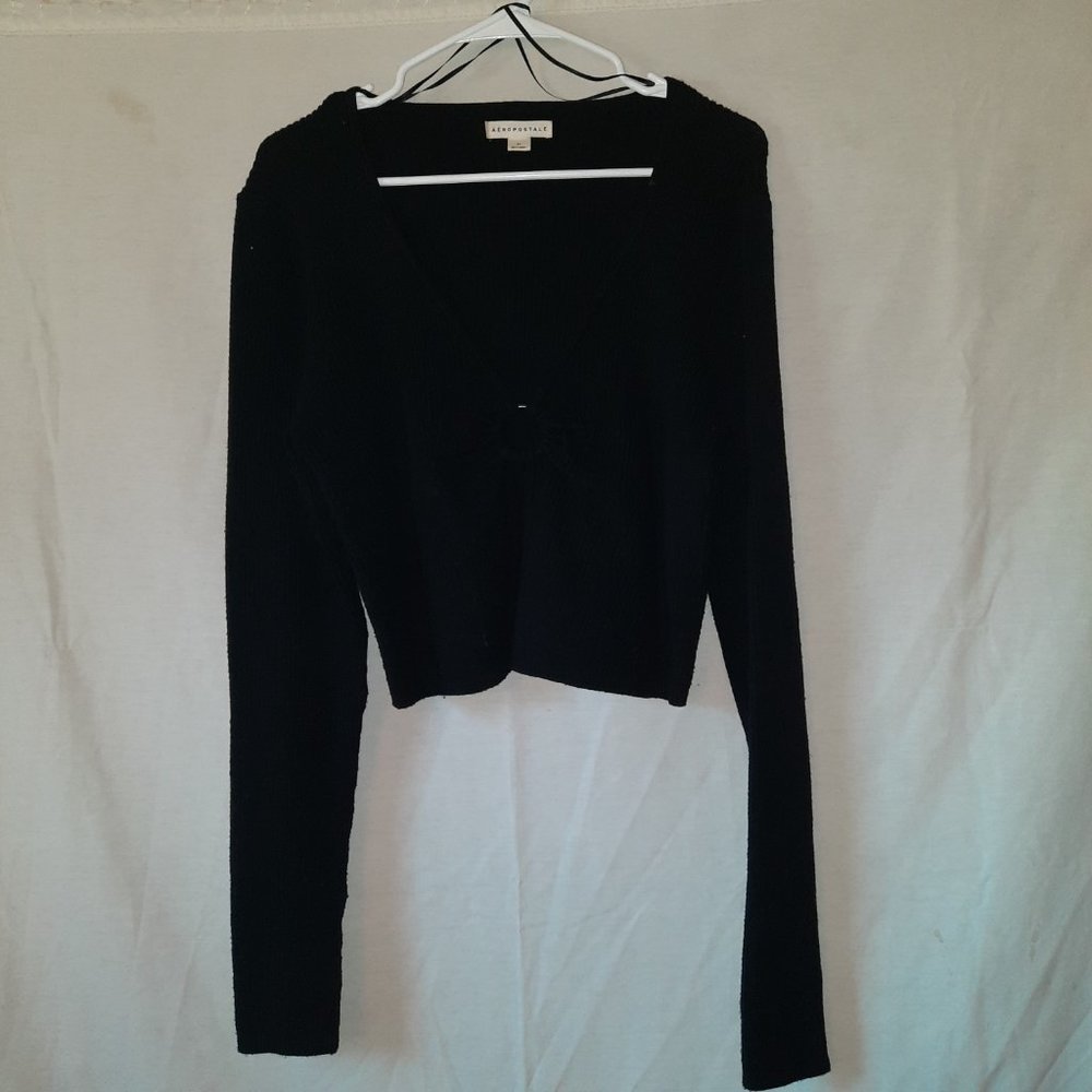 Aeropostale Plus Size Ribbed Keyhole Cropped Flyaway Sweater; Black; size XL